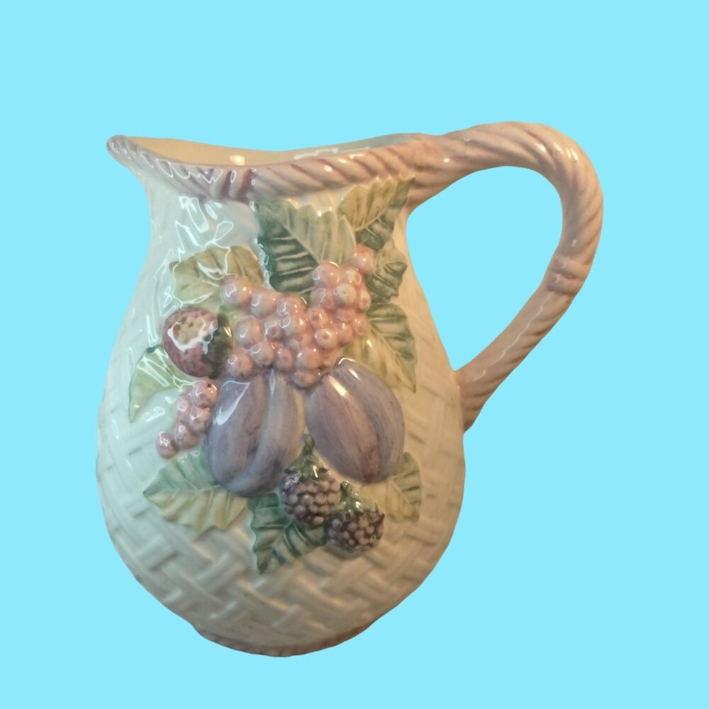 Hand Painted Majolica Pitcher  Fruit Basket Weave Vintage  Portugal